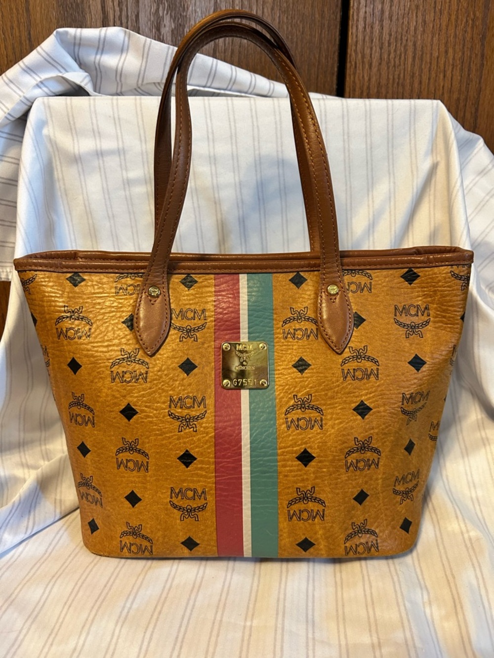 MCM Cognac Visetos Stripe Tote with Red and Green Accent - COA Included